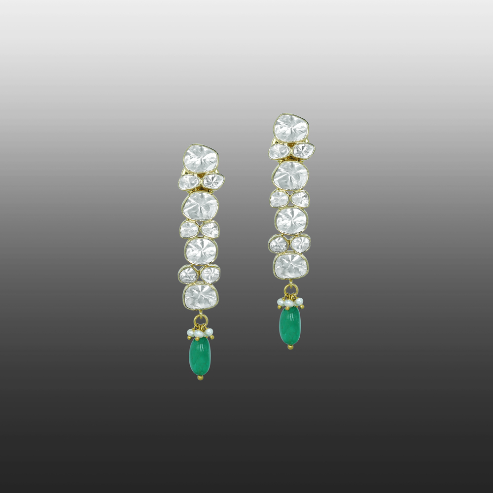 Polki Diamond Earrings with Single Emerald Drop